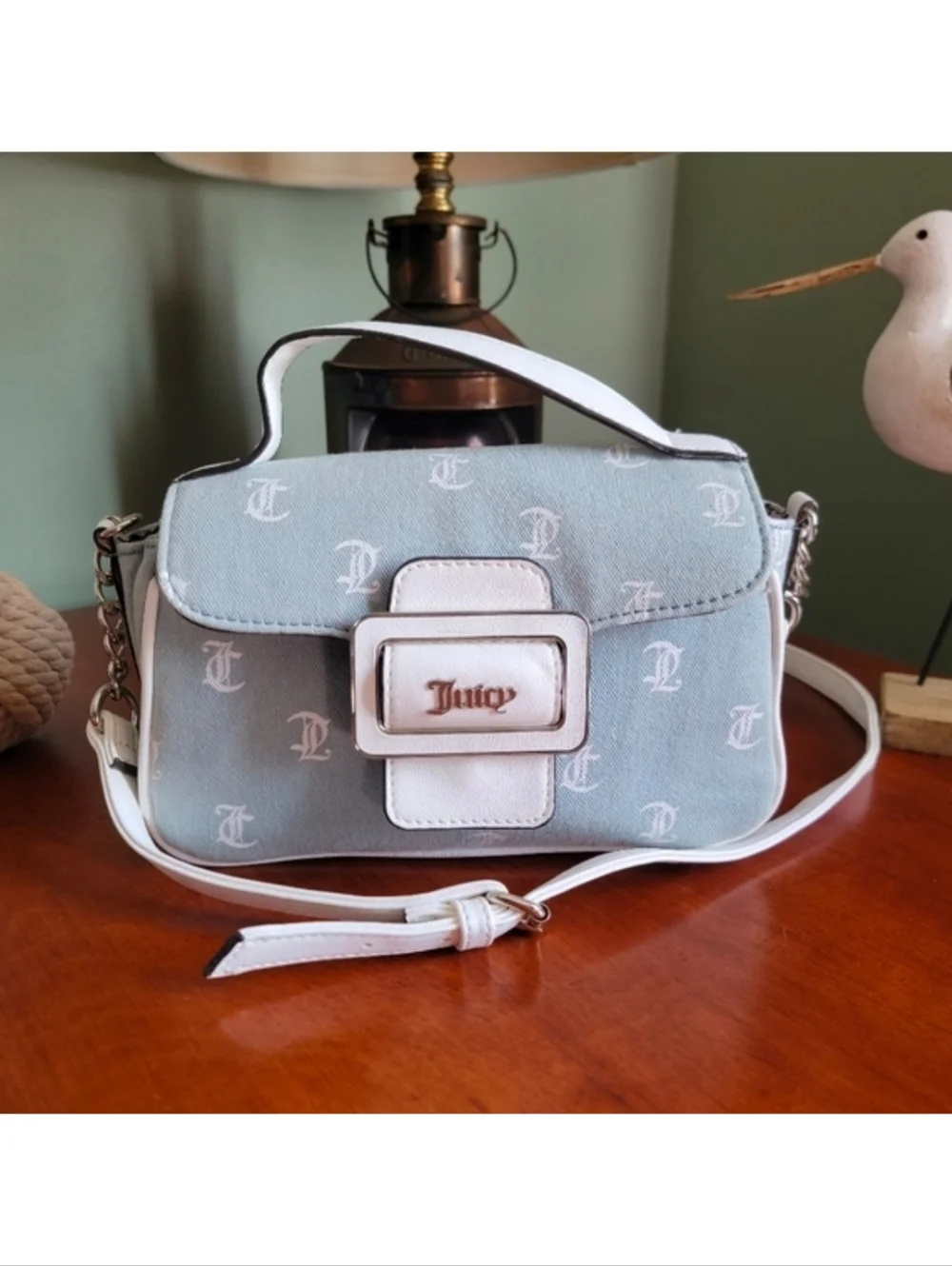 Juicy Couture Y2K Denim Monogram Blue White Crossbody Bag Vegan Leather